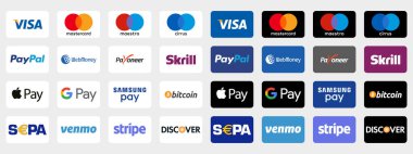 Çevrimiçi ödeme yöntemleri ayarlandı, marka logosu: Paypal, Visa, Mastercard, Apple Pay, Payonez, Discover, Bitcoin, Yıldırım Atar, Stripe....