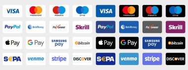 Online payment methods button set, brand logo : Paypal, Visa, Mastercard,Apple Pay, Payoneer, Discover, Bitcoin, Skrill, Stripe... Isolated web payment badges. clipart