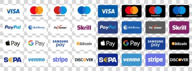 Çevrimiçi ödeme yöntemleri ayarlandı, marka logosu: Paypal, Visa, Mastercard, Apple Pay, Payonez, Discover, Bitcoin, Yıldırım Atar, Stripe...