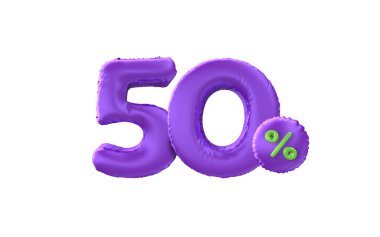 % 50 indirimli - mor balonların yaratıcı bileşimi - 3D sunum satışı ya da% 50 beyaz arka planda izole edilmiş sembol