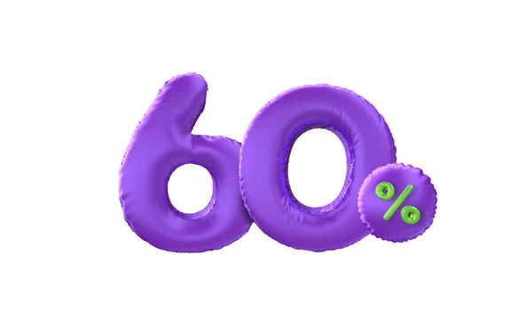打折60 紫色气球创意构图 3D渲染销售或60 白色背景的符号 — 图库照片