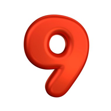 Dokuz numara, kırmızı renkli ve gerçekçi yansımalı üç boyutlu efekt. Sekiz numaralı ön görünümün 3D görüntülemesi