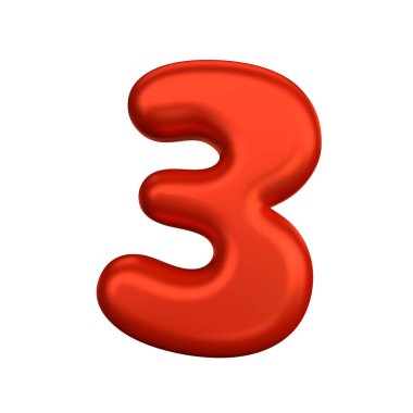 Üç numara, kırmızı renkli 3D efektli ve gerçekçi yansımalı. Üç numaralı ön görünümün 3D görüntülemesi