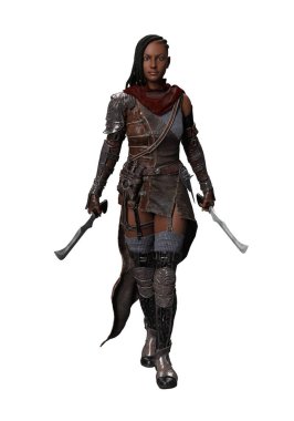 3D siyah kadın savaşçı çift kılıçlı kutucuk örgülü.