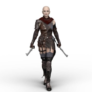 Kadın savaşçı çift bıçaklı silah fantezi 3D izole edilmiş.