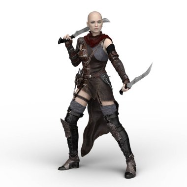 Kadın savaşçı çift bıçaklı silah fantezi 3D izole edilmiş.