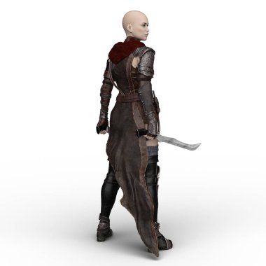 Kadın savaşçı çift bıçaklı silah fantezi 3D izole edilmiş.