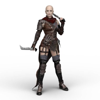 Kadın savaşçı çift bıçaklı silah fantezi 3D izole edilmiş.