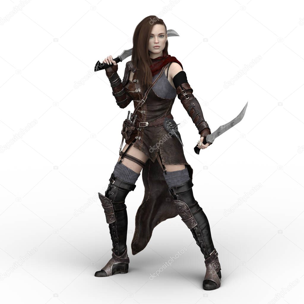 Woman warrior dual blade weapon fantasy 3D render isolated