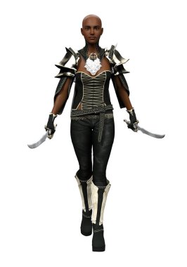 3D illüstrasyonla siyah kadın savaşçı çift bıçak izole edildi.