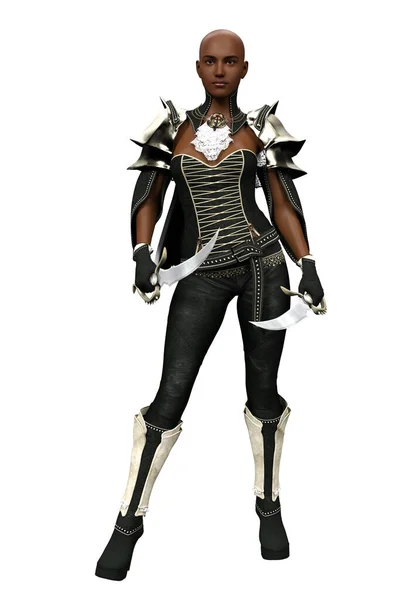 3Dイラストレンダリング黒の女性戦士デュアルブレードは孤立 — ストック写真