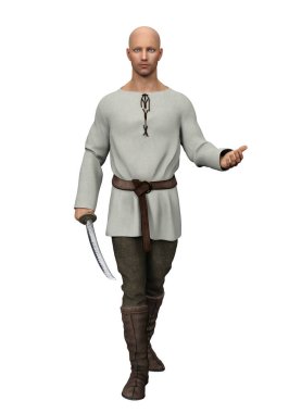 3D karakterli ortaçağ kılıç ustası izole edilmiş.