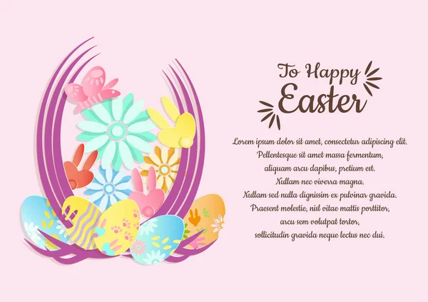 Huevo Pascua Flores Primavera Mariposa Conejo Sobre Fondo Rosa — Vector de stock