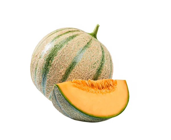 Whole Half Japanese Melon Cantaloupe Melon Isolated White Background — Stock Photo, Image