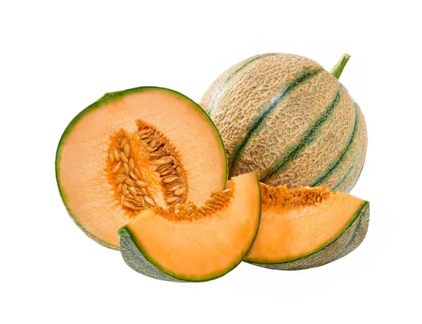 Melon Entier Moitié Melon Japonais Melon Cantaloup Isolé Sur Fond — Photo