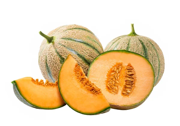 Ganze Und Scheiben Geschnittene Orangenmelone Oder Cantaloupe Melone Isoliert Auf — Stockfoto