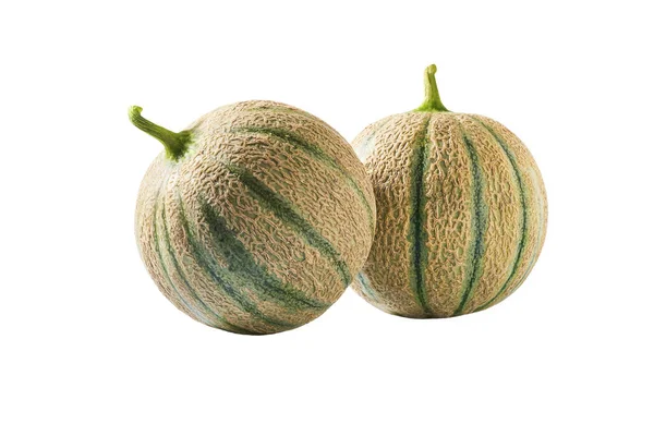 Deux Melons Cantaloups Mûrs Isolés Sur Fond Blanc — Photo