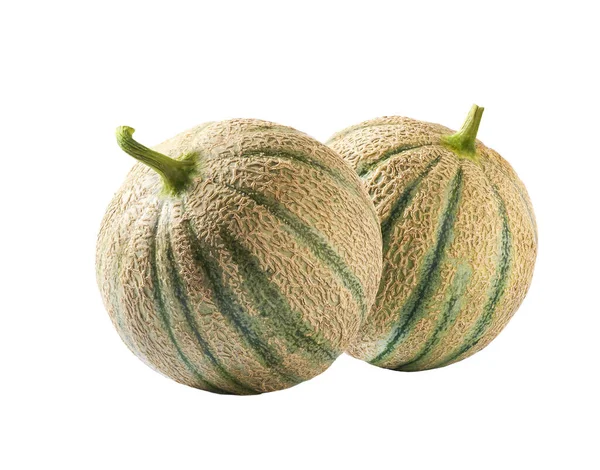 Deux Melons Cantaloups Miel Frais Isolés Sur Fond Blanc — Photo