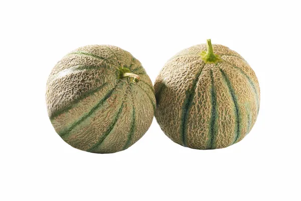 Deux Melons Cantaloups Mûrs Isolés Sur Fond Blanc — Photo