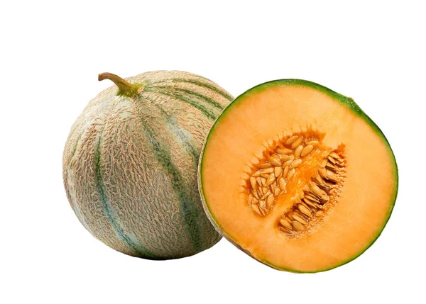 Ganze Und Halbe Orangenmelone Oder Cantaloupe Melone Isoliert Auf Weißem — Stockfoto