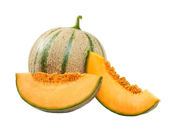 Melone Intero Affettato Arancia Melone Melone Isolato Sullo Sfondo Bianco — Foto Stock