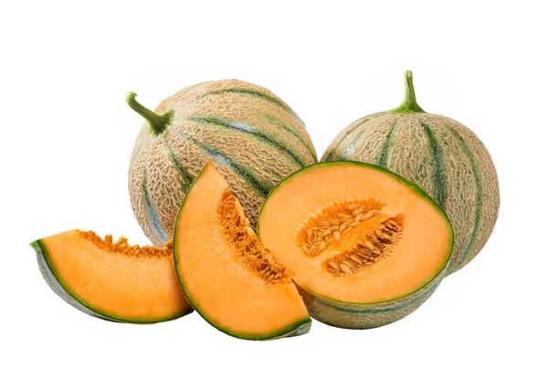 Melone Giapponese Intero Affettato Melone Melone Isolato Sullo Sfondo Bianco — Foto Stock