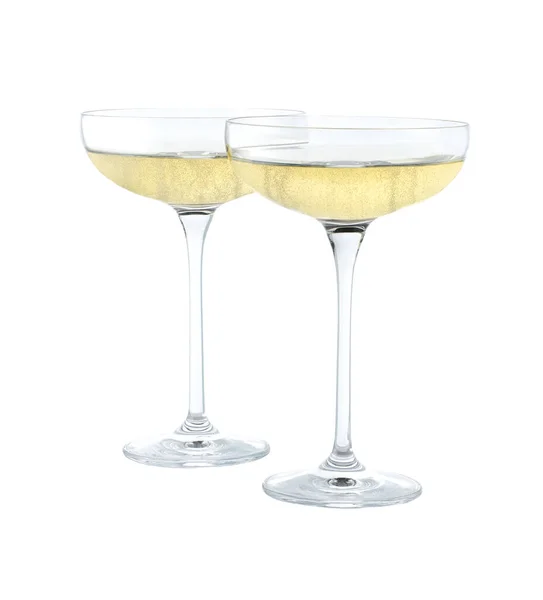 Beyaz Çapraz Kompozisyonda Izole Edilmiş Köpüklü Şampanya Kadehleri — Stok fotoğraf