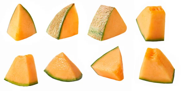 Kleine Stücke Cantaloupe Melone Isoliert Auf Weißem Hintergrund — Stockfoto