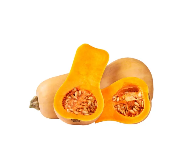 Zucca Intera Mezza Butternut Isolata Fondo Bianco — Foto Stock