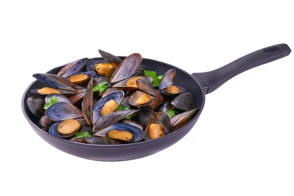 Boiled Mussels Pan Isolated White Background Top View — Stock Photo, Image