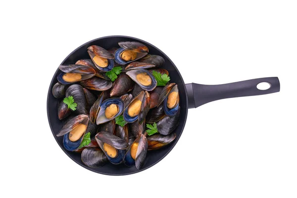Boiled Mussels Pan Isolated White Background Top View — Stock Photo, Image
