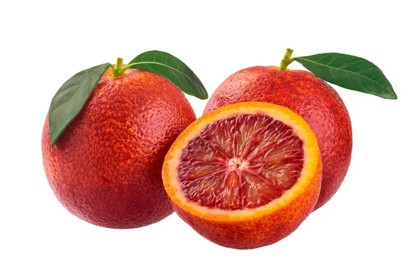 Blutrote Orangen Zur Hälfte Und Scheibe Mit Grünen Blättern Isoliert — Stockfoto