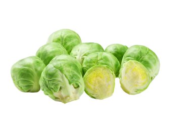 Beyaz arka planda taze, lezzetli Brüksel lahanaları..