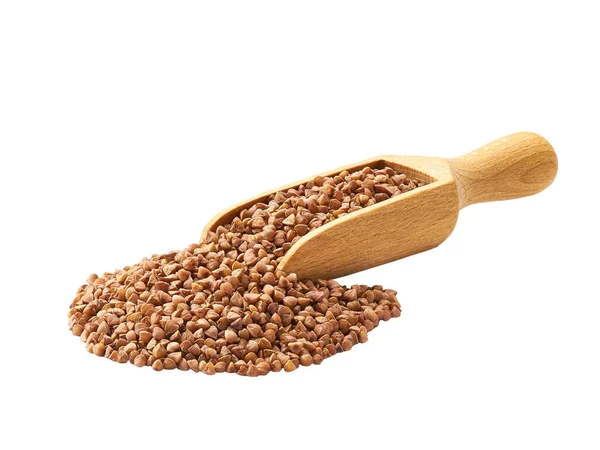 Wooden Spoon Scoop Raw Buckwheat Porridge Isolated White Background Buckwheat — Foto de Stock