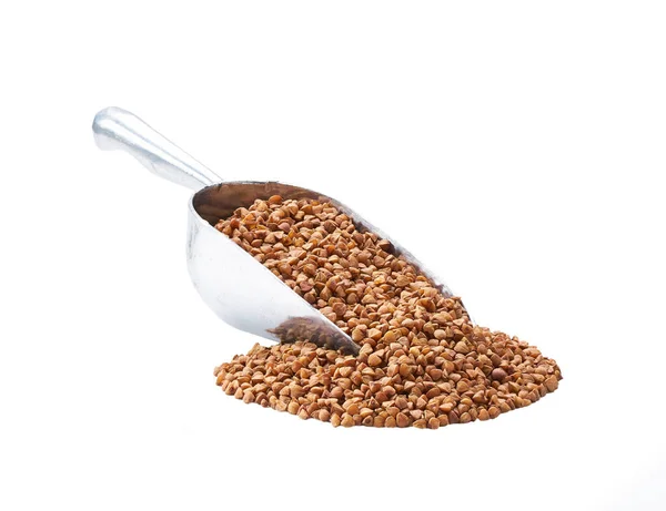 Metal Spoon Scoop Buckwheat Porridge Isolated White Background Dry Buckwheat — Foto Stock