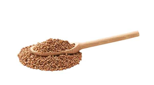 Organic Buckwheat Porridge Crumble Wooden Spoon Isolated White Background — Stock Fotó