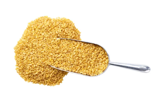 Small Metal Spoon Scoop Organic Bulgur Seen Isolated White Background — 스톡 사진