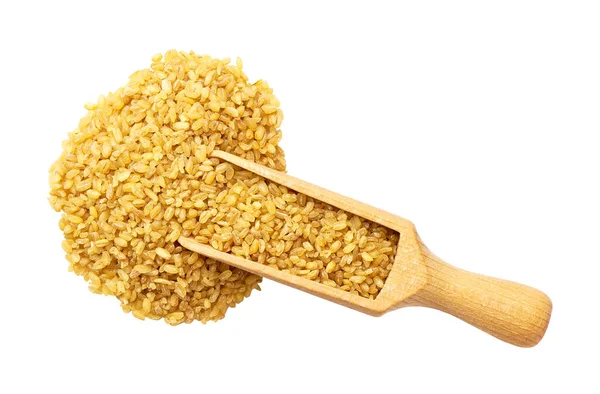 Wooden Spoon Scoop Raw Bulgur Isolated White Background Top View — 스톡 사진