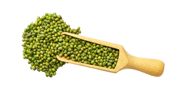 Small Wooden Spoon Scoop Raw Green Mung Beans Isolated White — Stok fotoğraf