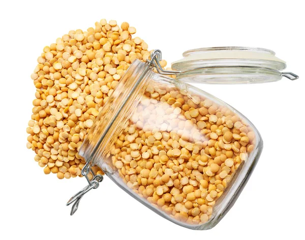 Dry Yellow Peas Spill Out Glass Storage Jar Isolated White — ストック写真