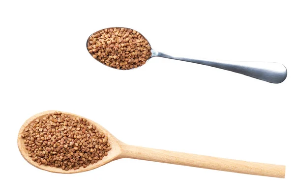 Metal Wooden Spoon Organic Buckwheat Porridge Isolated White Background Top — Stock Fotó