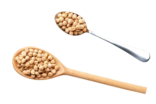 Metal Wooden Spoon Organic Chickpeas Seen Isolated White Background Top — ストック写真