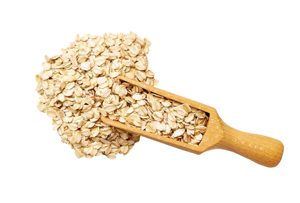 Small Wooden Spoon Scoop Oat Flakes Isolated White Background Top — Stockfoto
