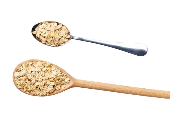 Metal Wooden Spoon Oat Flakes Isolated White Background Top View — ストック写真