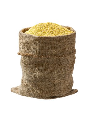 Beyaz arka planda izole edilmiş çuvaldaki darı sarısı tanecikleri. Torbada darı taneleri.