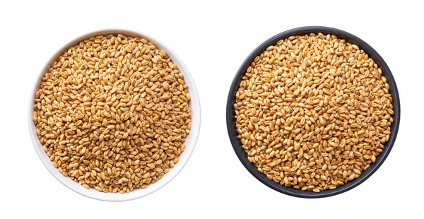 Organic Wheat Grains White Black Bowl Isolated White Background Top — Stok fotoğraf