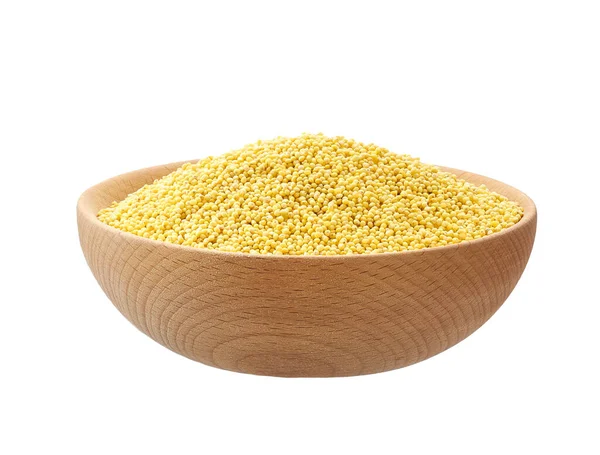 Millet Yellow Grains Wooden Bowl Isolated White Background — 스톡 사진
