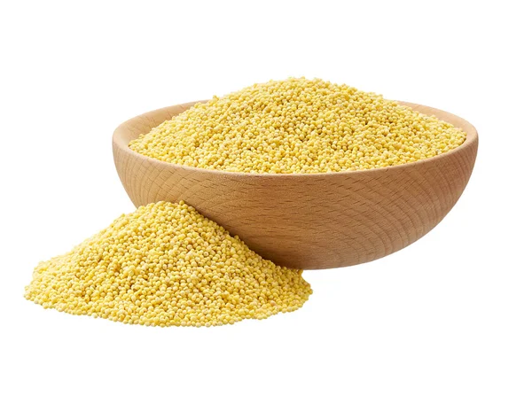 Raw Millet Yellow Grains Wooden Bowl Isolated White Background — 스톡 사진