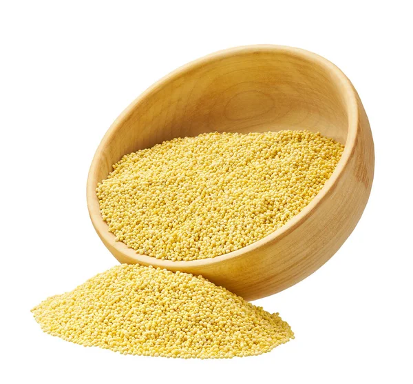 Millet Yellow Grains Scattered Out Wooden Bowl Isolated White Background — Stok fotoğraf