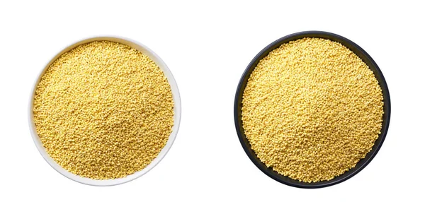 Millet Yellow Grains White Black Bowl Isolated White Background Top — Stok fotoğraf